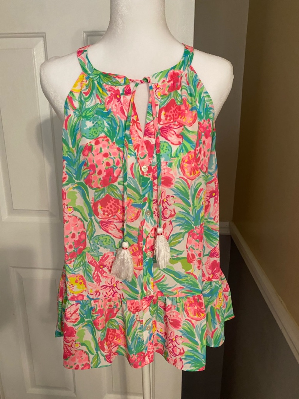 Lilly Pulitzer Pink & Green Tropical Tassel Halter Tank
